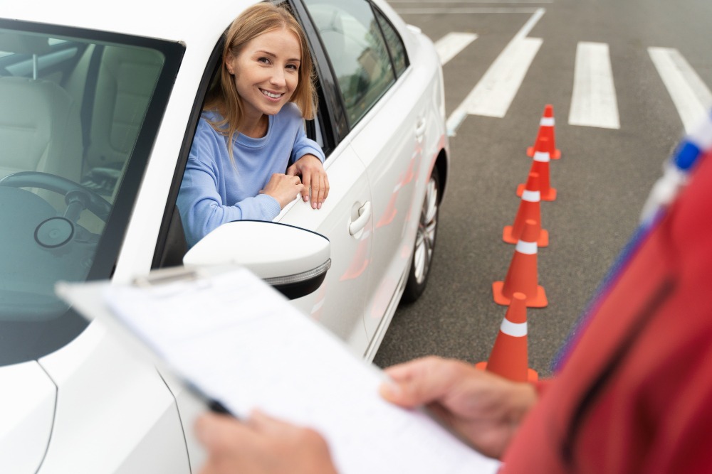 devojka u automobilu na ispitu za voznju