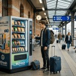 muskarac sa koferom i torbom ispred vending masine