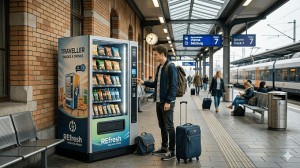 muskarac sa koferom i torbom ispred vending masine