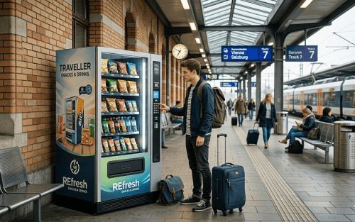 muskarac sa koferom i torbom ispred vending masine