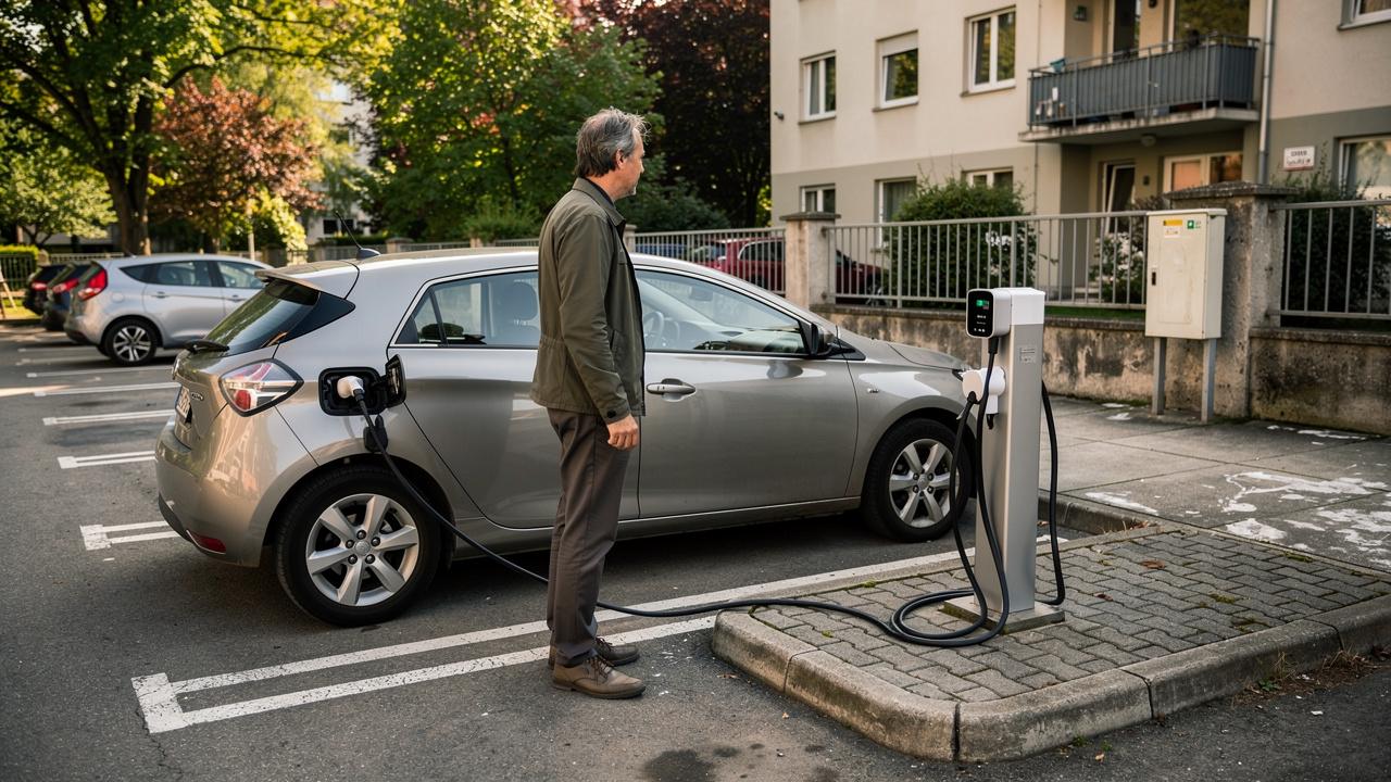 Muškarac puni električni automobil na punjaču