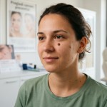 Pregled dermatologa devojka sa mladežom na licu.