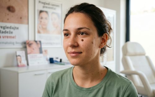 Pregled dermatologa devojka sa mladežom na licu.