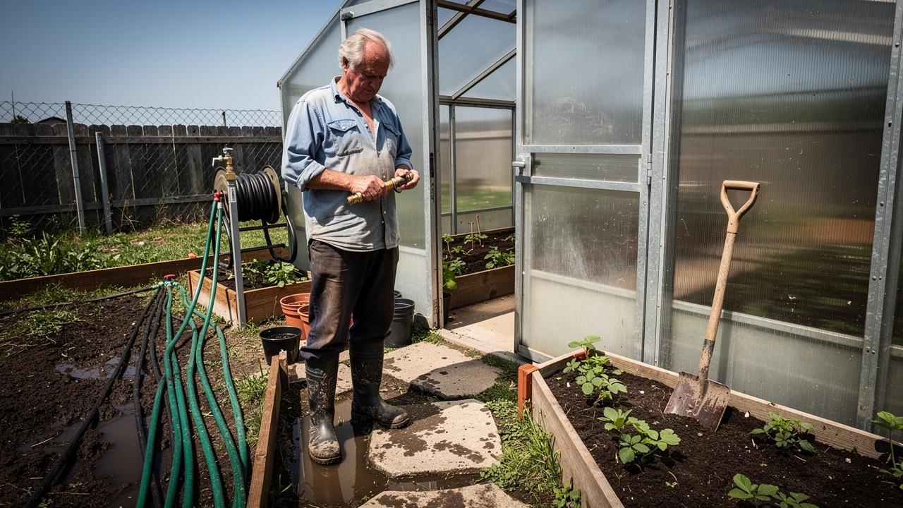 Stariji muškarac plastenik gredice