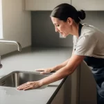 Praktična rešenja za modernu kuhinju koja se lako održava Žena kecelja radna ploča sudoper
